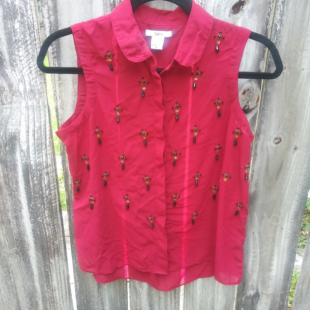 ❤ Bar III Sheer Deep Red Bedded Sleeveless Top Size S